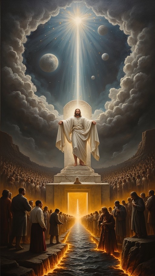 Jesus Christ stands on a stone platform with arms outstretched under a sky filled with clouds and multiple moons, illuminated by a bright beam of light while a crowd looks on.