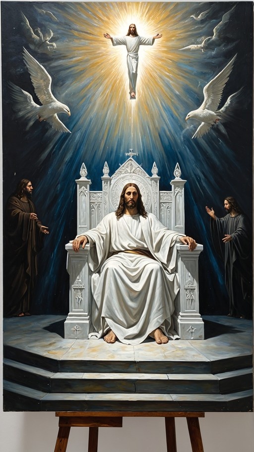 A painting on an easel showing Jesus sitting on a white throne while another Jesus floats in the sky with golden light and doves.