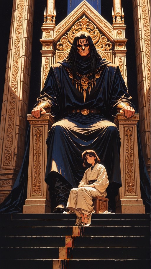 A large man with long black hair and a skull necklace sits on an ornate golden throne while a smaller woman in white clothing sits at his feet in a retro pixel art style.