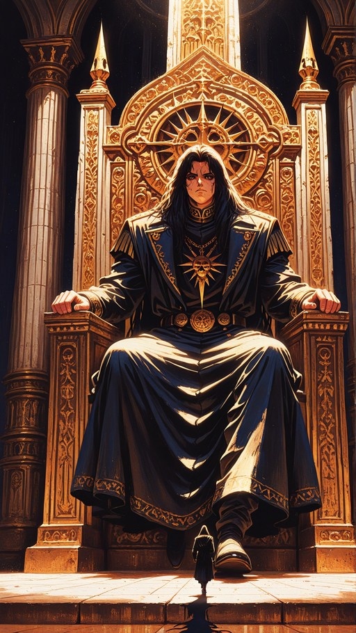 A stern man with long black hair sits on a massive golden throne wearing a dark uniform and sun pendant while a tiny figure stands at his feet.