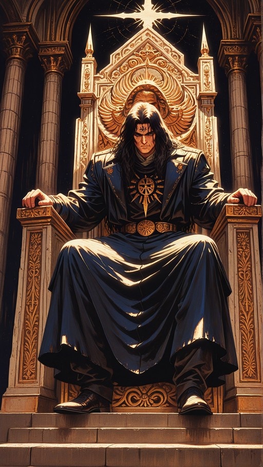 Dio Brando from JoJo's Bizarre Adventure sitting on a large ornate golden throne in a dark blue robe with a star mark on his forehead.