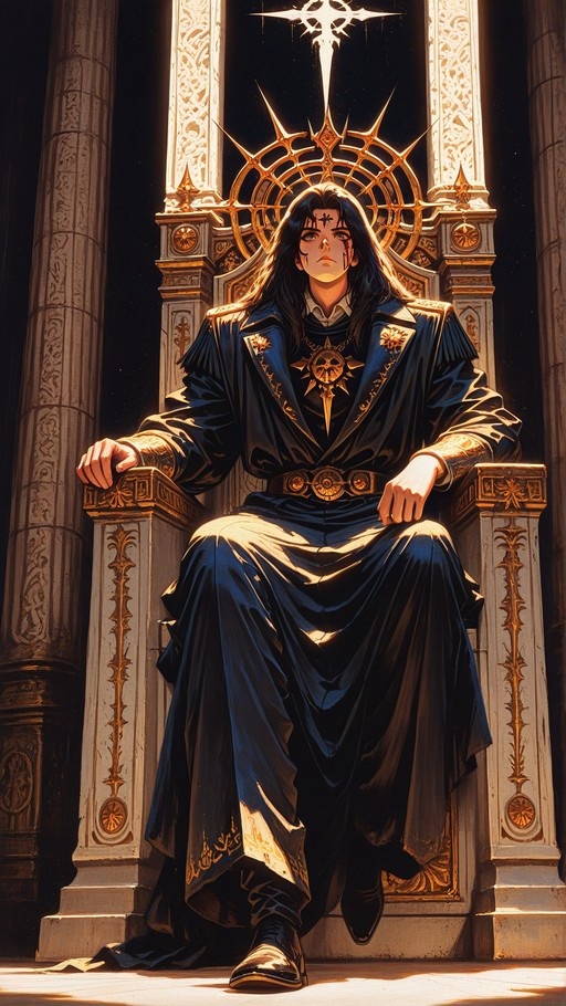 A young man with long black hair and facial markings sits on a large white and gold throne, wearing a blue robe with gold trim and a glowing golden halo behind his head.