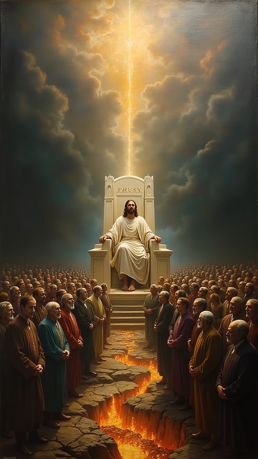 A bearded man in a white robe sits on a high throne labeled PRUSY while a crowd of men stands below near a fissure of fire under a cloudy sky.
