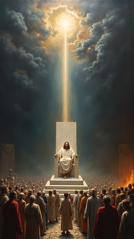 A bearded man in a long white robe sits on a high white throne while a bright beam of light shines down from the cloudy sky above a large gathering of people.