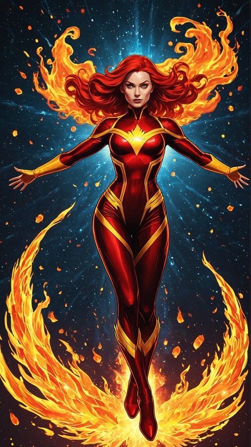 A full-body digital illustration of Jean Grey as the Phoenix, featuring long red hair and large wings made of fire, wearing a red and gold bodysuit while floating in a starry sky.