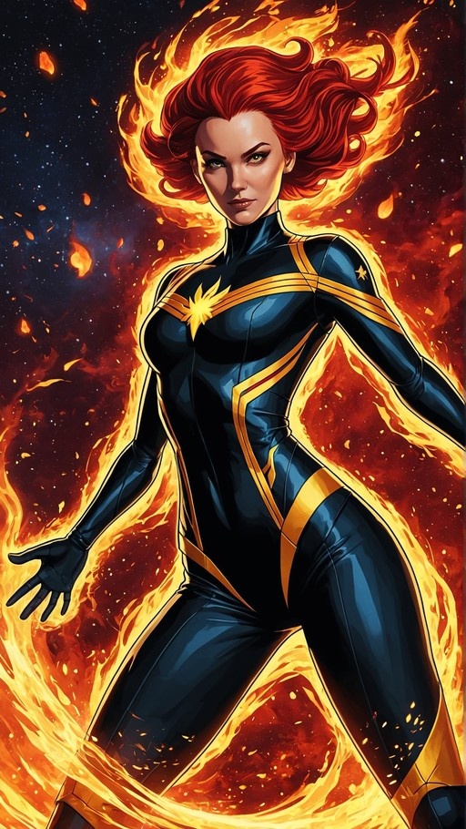 A digital illustration of Captain Marvel in a blue and gold bodysuit, surrounded by swirling flames against a starry space background.