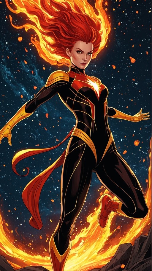 Captain Marvel floating in space with fiery red hair and a black and gold superhero suit.