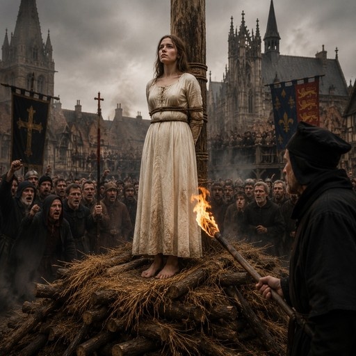 A young woman in a white dress stands barefoot and tied to a wooden post on a pile of wood and straw while a figure holds a torch nearby in a medieval town square.