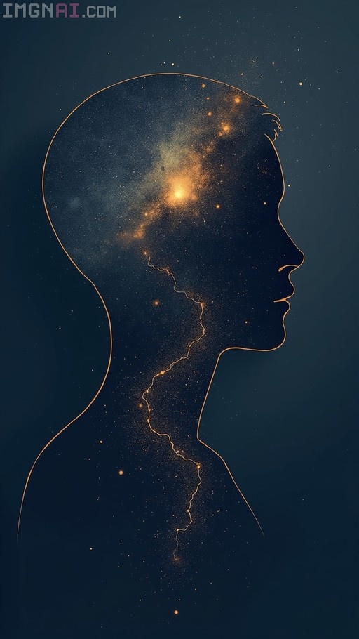 A golden outline of a man's profile filled with a starry galaxy and nebula against a dark blue background.