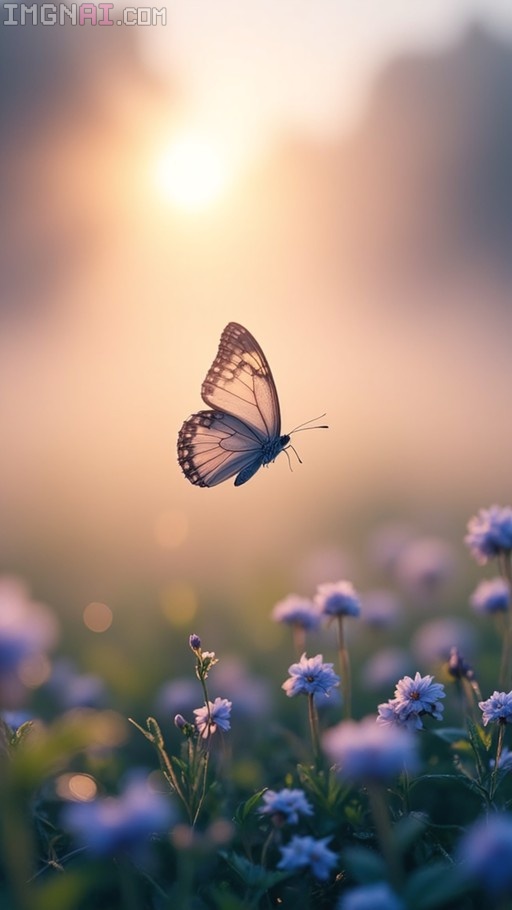 A close-up of a butterfly in flight hovering above a field of small blue forget-me-nots against a soft, sunlit morning mist.