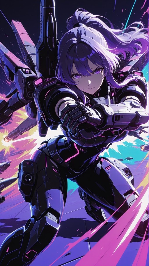 A purple-haired anime character in a black mechanical exosuit with large wings points directly at the viewer amidst an explosion of light and energy.