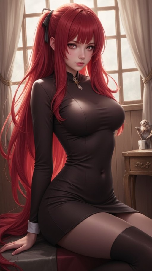 A red-haired anime girl in a tight black dress and stockings sits by a window looking at the viewer.