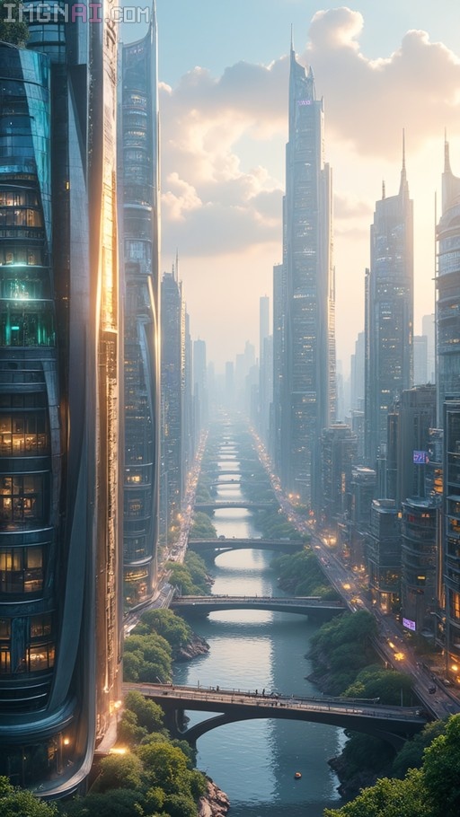 A vertical shot of a futuristic city with tall glass skyscrapers lining a river, bridges crossing the water, and trees along the banks under a bright sky.