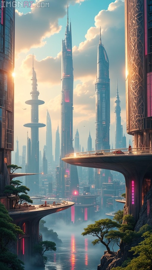 A futuristic vertical cityscape with towering skyscrapers, floating bridges, and misty water reflections in Resonance City.