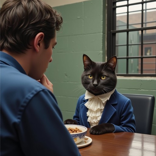 A black cat wearing a blue jacket and white ruffled cravat sits at a table opposite a man, looking serious next to a bowl of food.