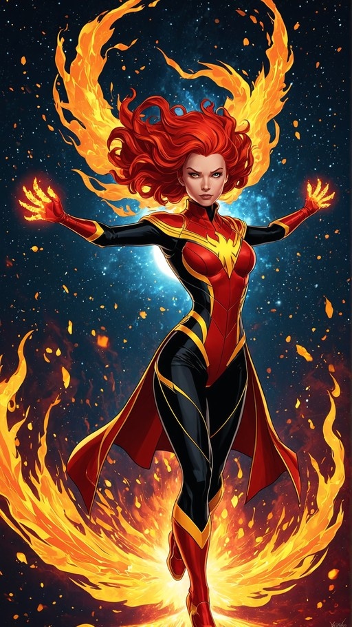 A red-haired female superhero with large flaming wings and glowing hands wears a red and black suit against a starry space background.