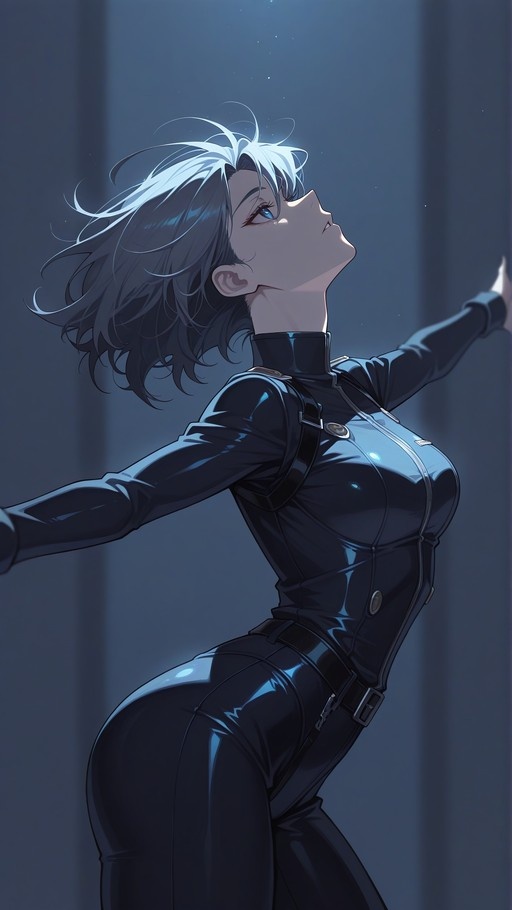 Side profile of an anime girl with short grey hair and blue eyes in a tight black bodysuit, looking upward with arms spread wide against a dark blue background.