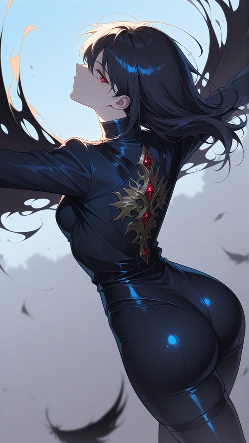 Anime woman in a shiny black bodysuit looking up with dark wings and red eyes