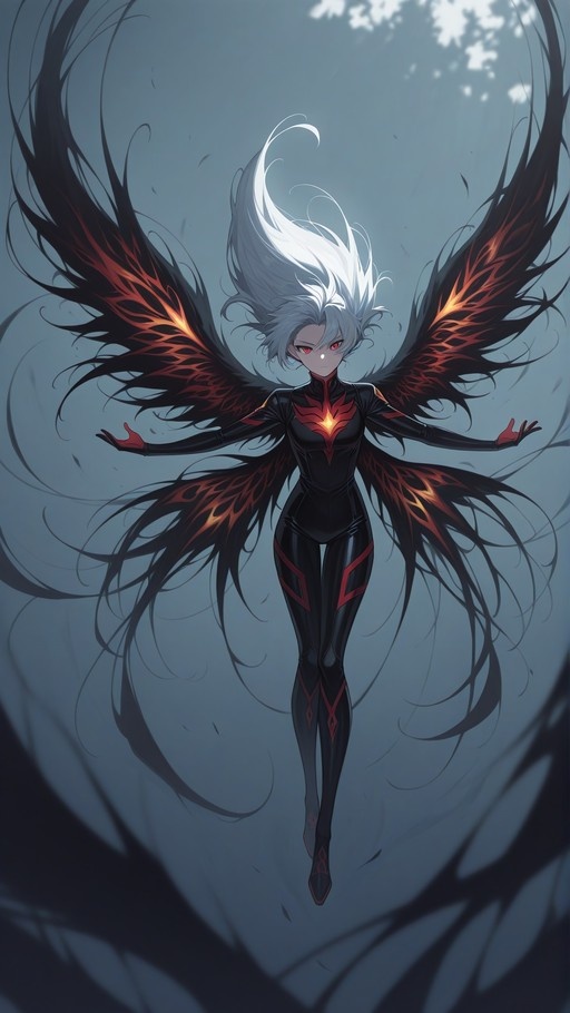 A full-body shot of a white-haired anime girl with red eyes and large black wings with orange inner feathers, wearing a black bodysuit and floating with arms outstretched.