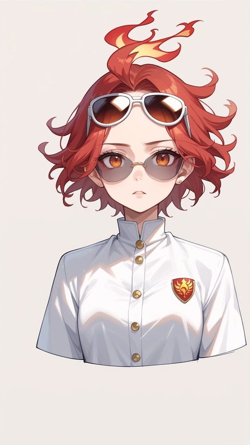 A digital illustration of Mavuika from Genshin Impact with short red hair and a flame-shaped ahoge, wearing sunglasses on her head and a white button-up shirt with a crest.