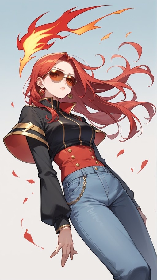 Mavuika from Genshin Impact with a flame halo, wearing sunglasses, a black jacket, red corset, and blue jeans.