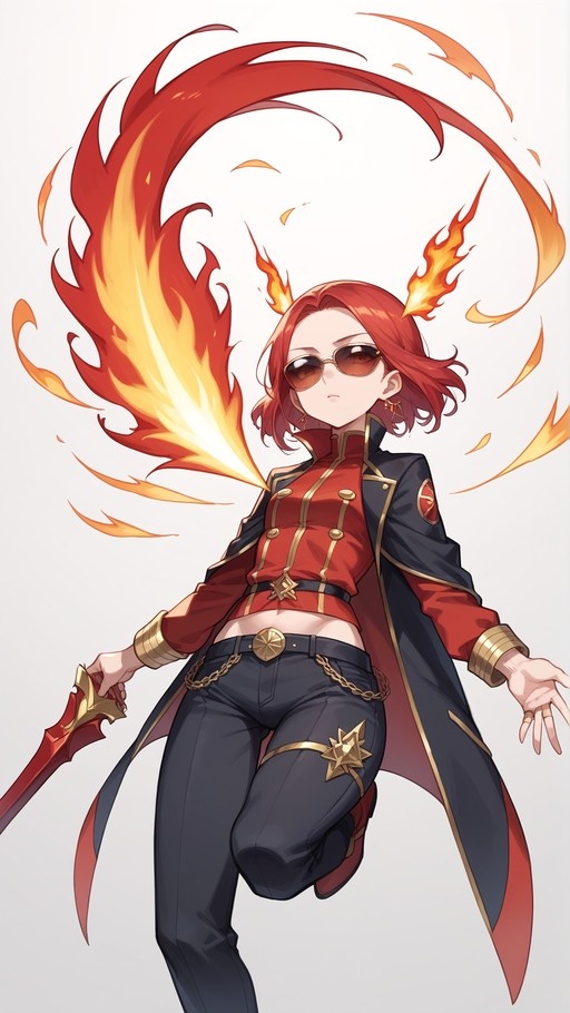 An anime-style illustration of a red-haired girl with sunglasses and small horns, wearing a red and black cropped military jacket and holding a sword amidst swirling flames.