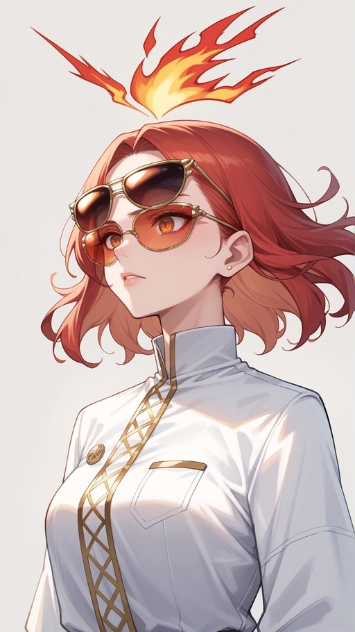 Mavuika from Genshin Impact wearing stacked sunglasses and a white jacket with a flame halo above her head