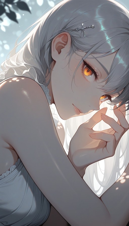 Close-up illustration of an anime girl with long silver hair and amber eyes, wearing a white frilled dress and a cross-shaped hair clip, bathed in soft dappled sunlight.