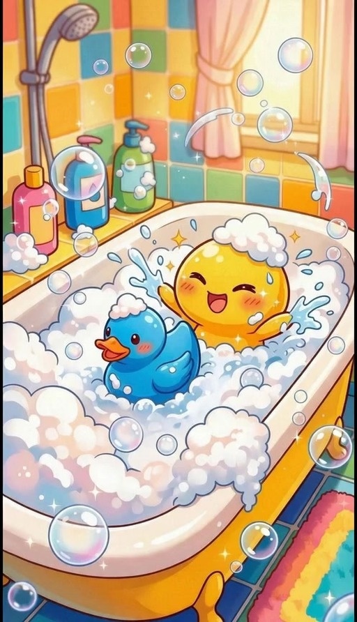 A cute yellow character with foam on its head splashes in a bubble bath next to a blue rubber duck in a colorful bathroom.