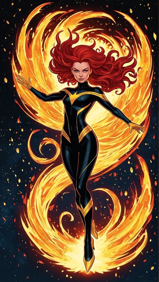 A red-haired woman in a black and gold superhero suit floats with arms outstretched, surrounded by swirling golden flames against a starry background.