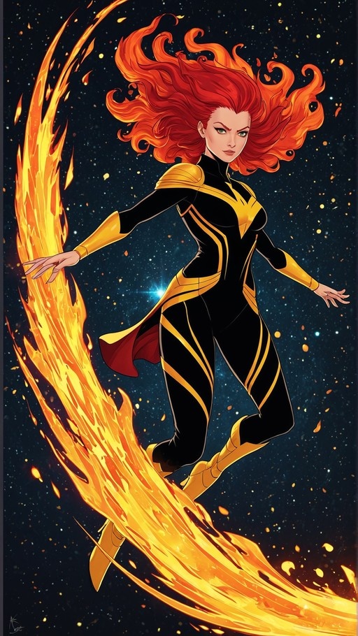 Jean Grey as Phoenix with flaming red hair and green eyes, wearing a black and gold bodysuit, floating in space while creating a large plume of fire with one hand.