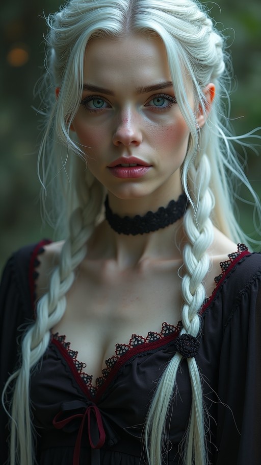 A realistic portrait of a young woman with long white hair in twin braids, green eyes, and freckles, wearing a black dress with red lace trim and a black choker.