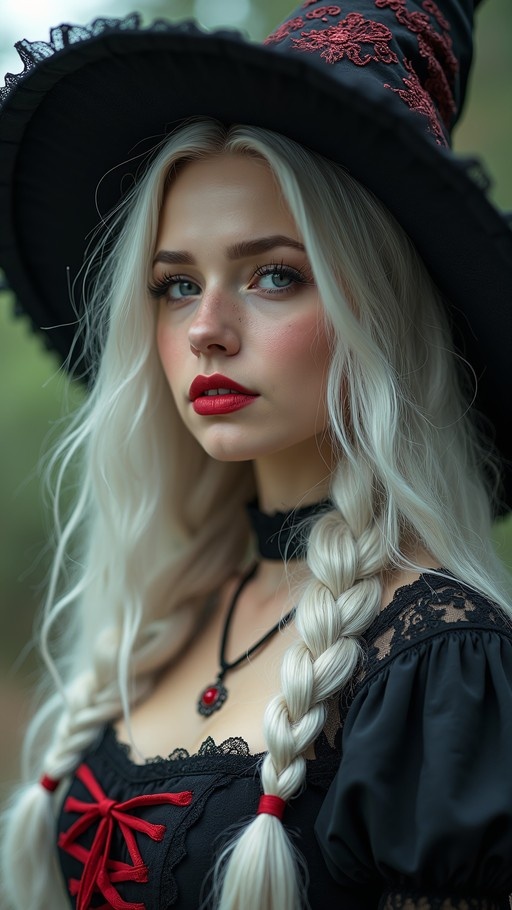 A realistic portrait of a blonde woman with twin braids and freckles, wearing a black witch hat and a gothic dress with red accents.