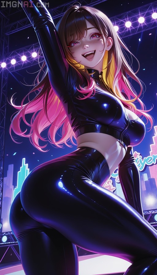A female popstar with long pink and yellow hair dances on stage wearing a shiny black latex outfit under bright lights.