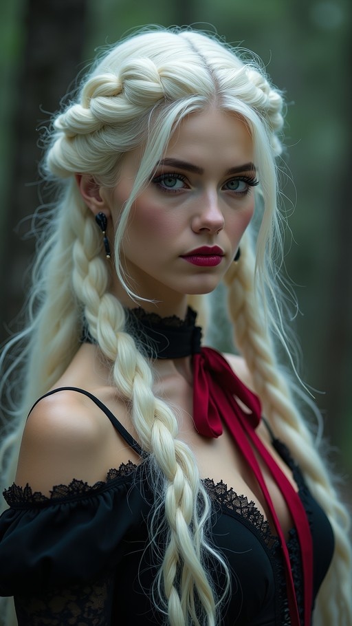A realistic portrait of a woman with long platinum blonde hair in twin braids, wearing a black lace dress and a red ribbon choker.
