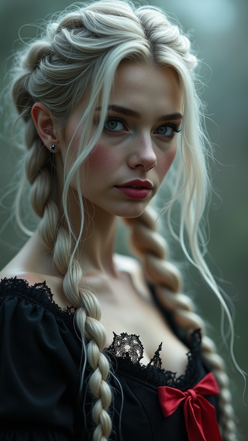 A realistic portrait of a young woman with long blonde hair in twin braids, wearing a black lace dress and a red bow, looking at the viewer.