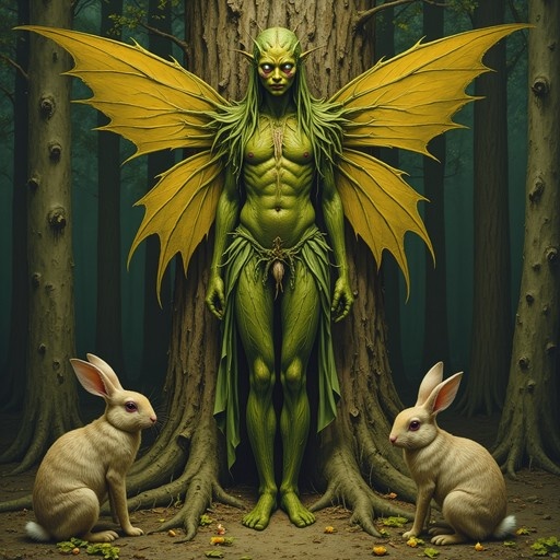 A green-skinned male fairy with large yellow wings standing in a forest flanked by two white rabbits.