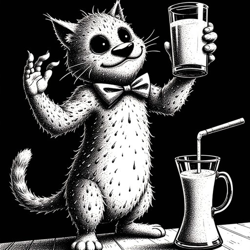 A black and white illustration of an anthropomorphic cat wearing a bowtie, holding up a glass of milkshake while waving. Another glass with a straw sits on the table.
