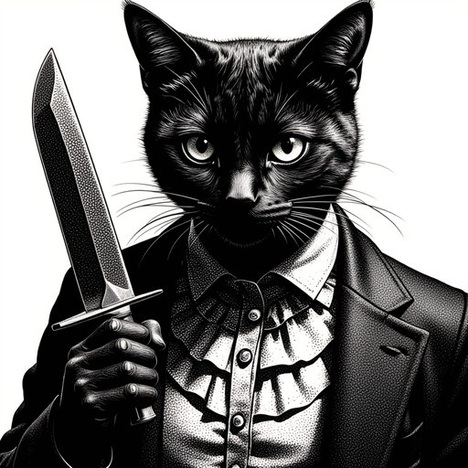 A detailed black and white illustration of an anthropomorphic black cat wearing a formal suit with a ruffled collar, holding a large knife in its hand.