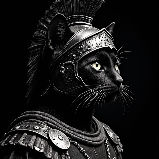 A high-contrast black and white portrait of a black cat wearing an ornate metal helmet with a crest and shoulder armor against a solid dark background.
