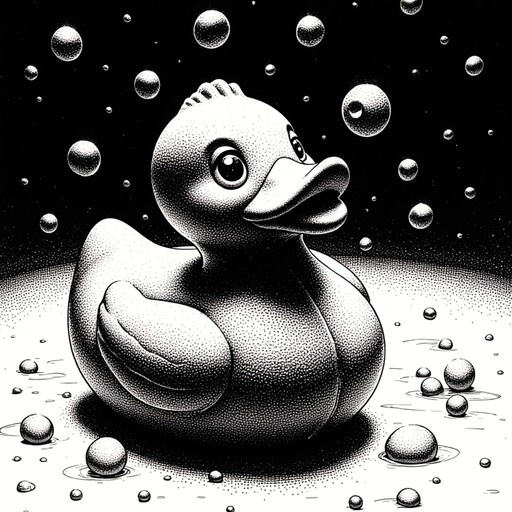 Halftone illustration of a rubber duck floating in water with bubbles against a dark background.