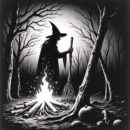 A black and white illustration of a witch holding a broomstick next to a bright campfire in a dark forest with bare trees and pumpkins on the ground.