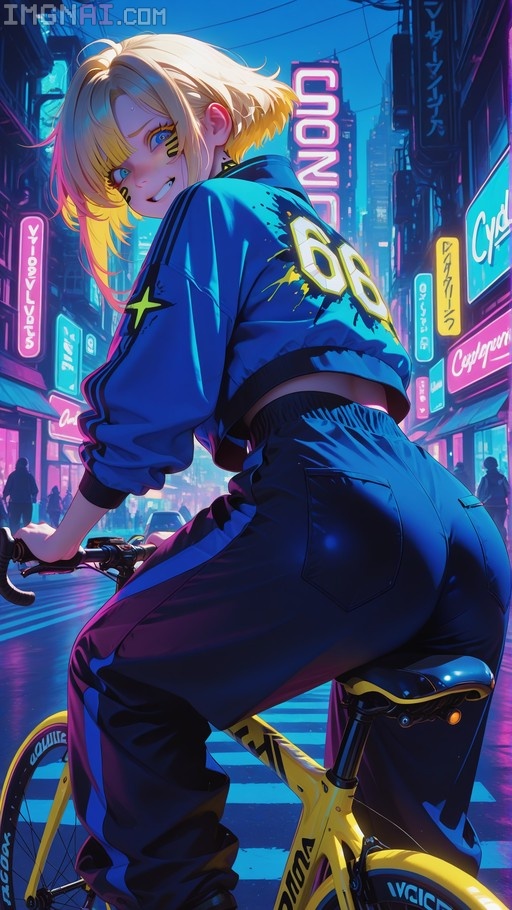A blonde anime girl with black face paint rides a yellow bicycle through a neon-lit cyberpunk street at night, wearing a blue jacket and looking back over her shoulder.