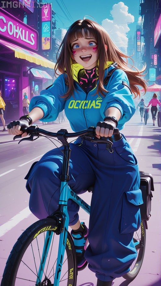 A brunette anime girl with pink cheek markings rides a bicycle down a city street lined with neon signs. She wears a blue jacket and baggy pants.