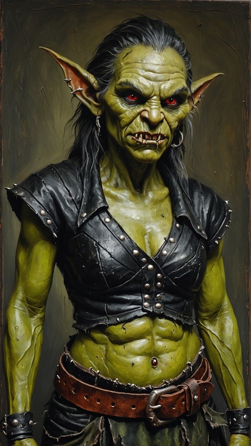 A realistic portrait of a muscular green-skinned female orc with red eyes, tusks, and pierced ears wearing a studded leather vest.
