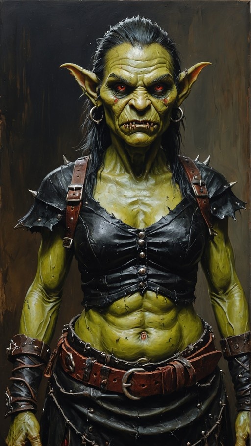 A muscular female orc with green skin, red eyes, and tusks wearing spiked leather armor.