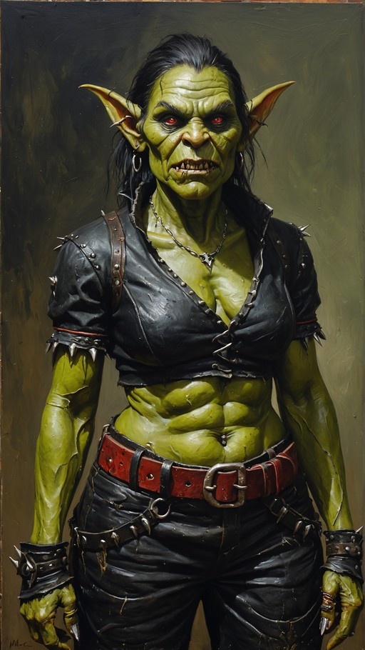 A realistic digital illustration of a muscular female orc with green skin, pointed ears, and red eyes. She has black hair slicked back, tusks, and wears a spiked black leather jacket over her bare midriff, along with a thick red belt and black pants.