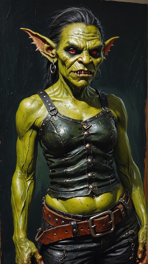 A portrait of a muscular green-skinned goblin woman with red eyes and pointed ears wearing a leather top and hoop earrings.