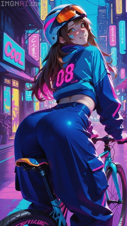 An anime girl with brown hair wearing a blue helmet and cropped jacket rides a bicycle in a neon-lit cyberpunk city, looking back at the viewer.