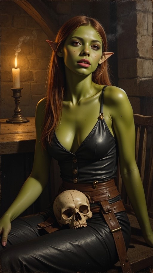 A green-skinned woman with pointed ears sits on a wooden chair in a stone room, holding a skull on her lap while a candle burns nearby.